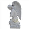 Large White Marble Kneeling Weeping Angel with Wing Headstone Statue Tombstone