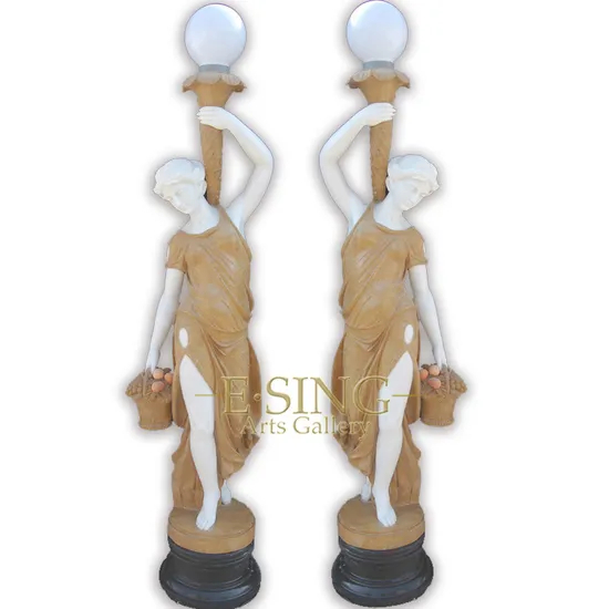 Hand Carved Natural Marble Garden Statue with Lamp for Sale