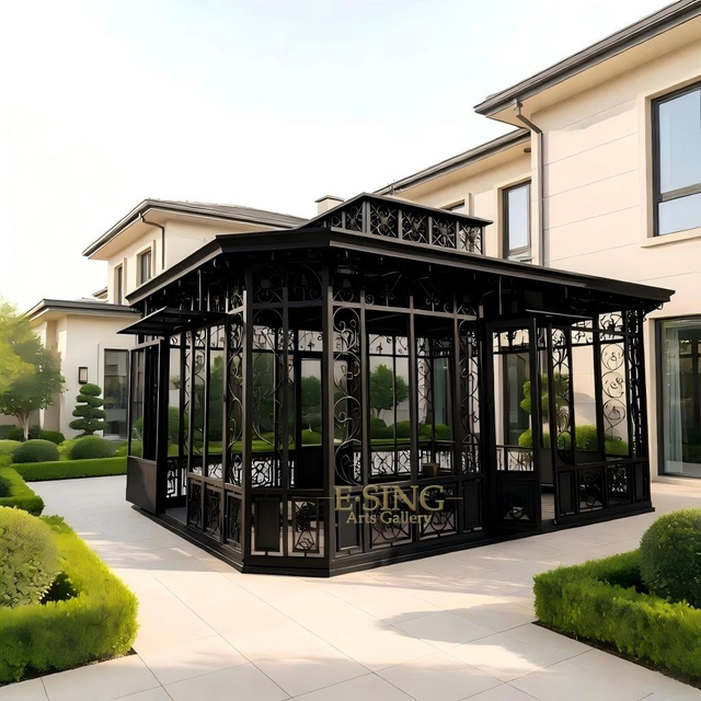 Park Decor Wrought Iron Gazebo with Glass Victorian Greenhouse Iron Gazebo