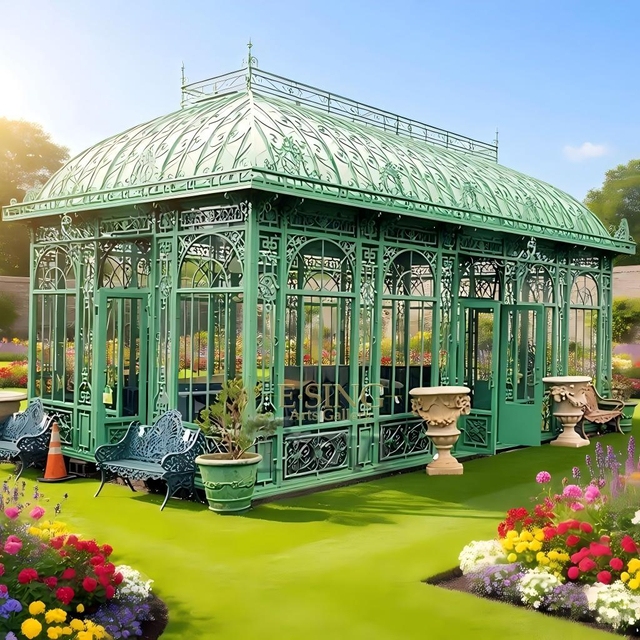 Outdoor Garden Rectangular Green House Glass Iron Pavilion