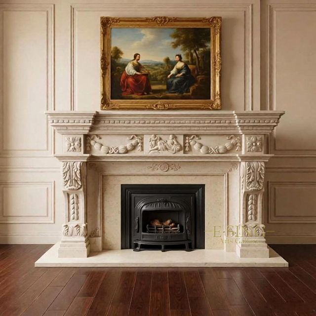 High Quality Luxury French Style Stone Fireplace Marble Fireplace Mantel for Indoor